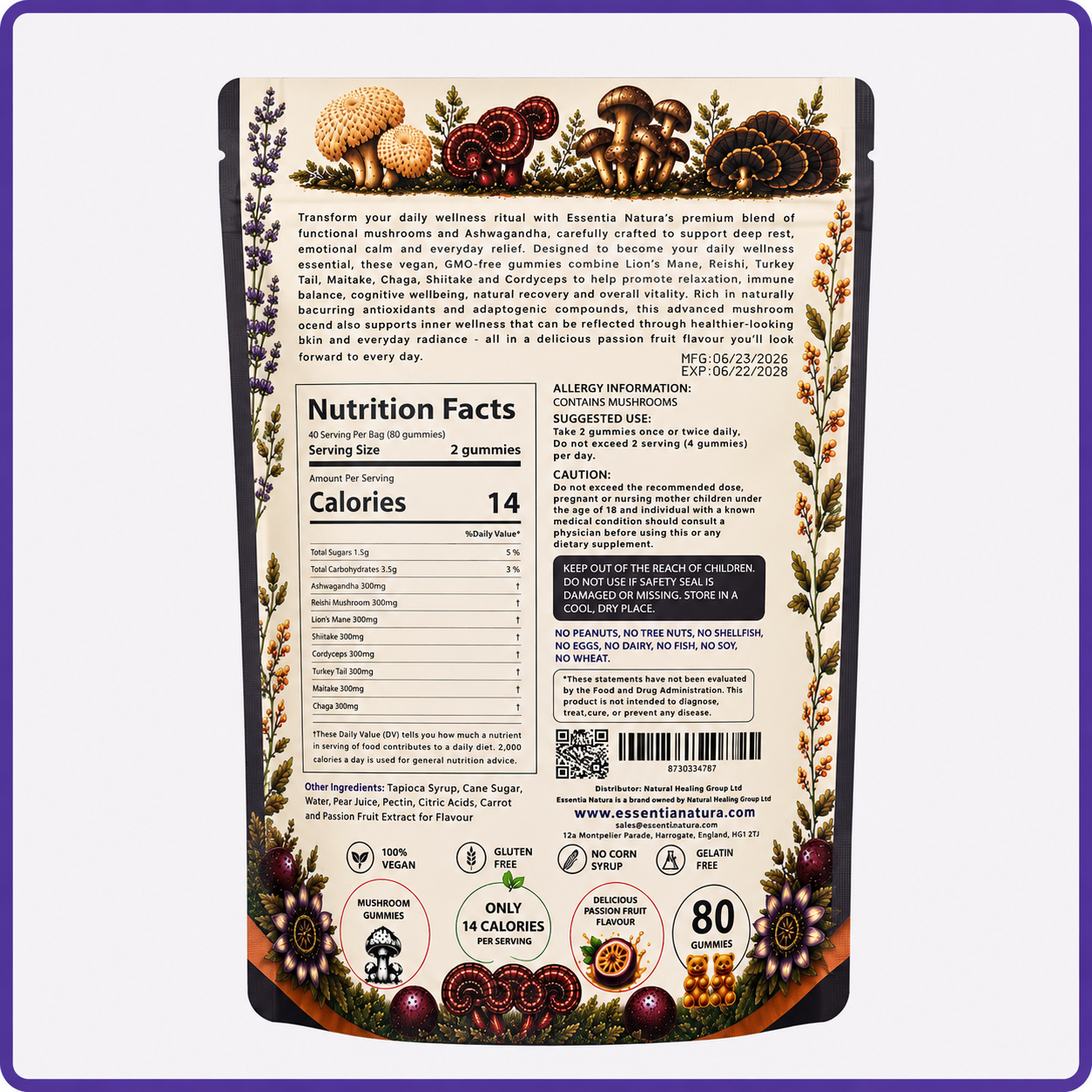 
                  
                    Mushroom Gummies for Rest, Calm & Pain Relief | Essentia Natura | 80 Gummies | Vegan
                  
                