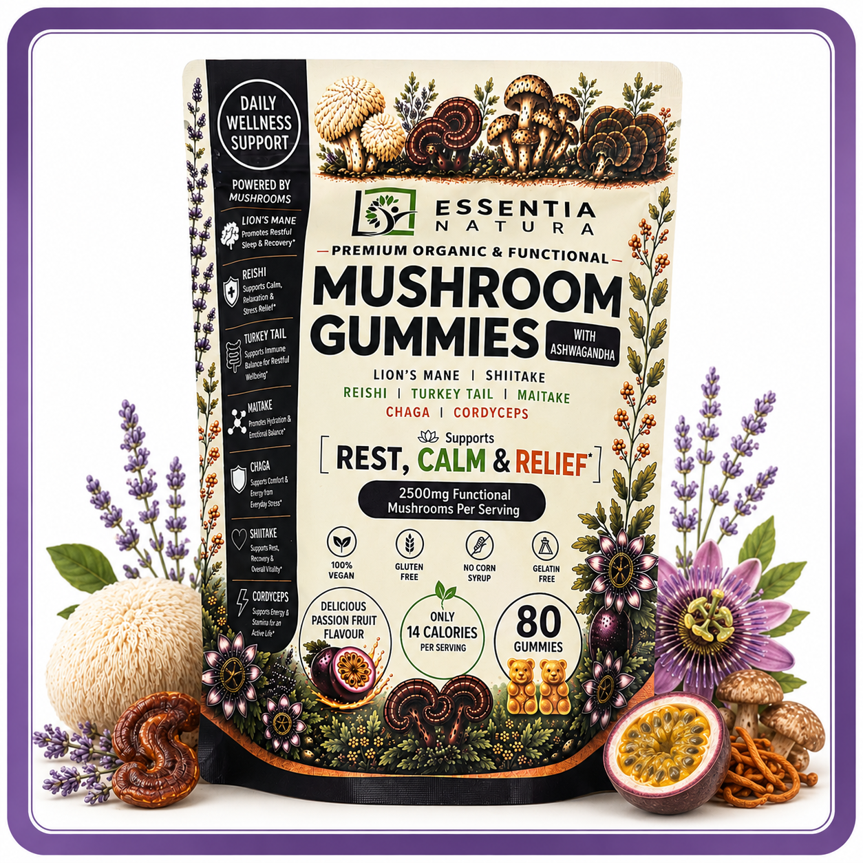 
                  
                    Mushroom Gummies for Rest, Calm & Pain Relief | Essentia Natura | 80 Gummies | Vegan
                  
                