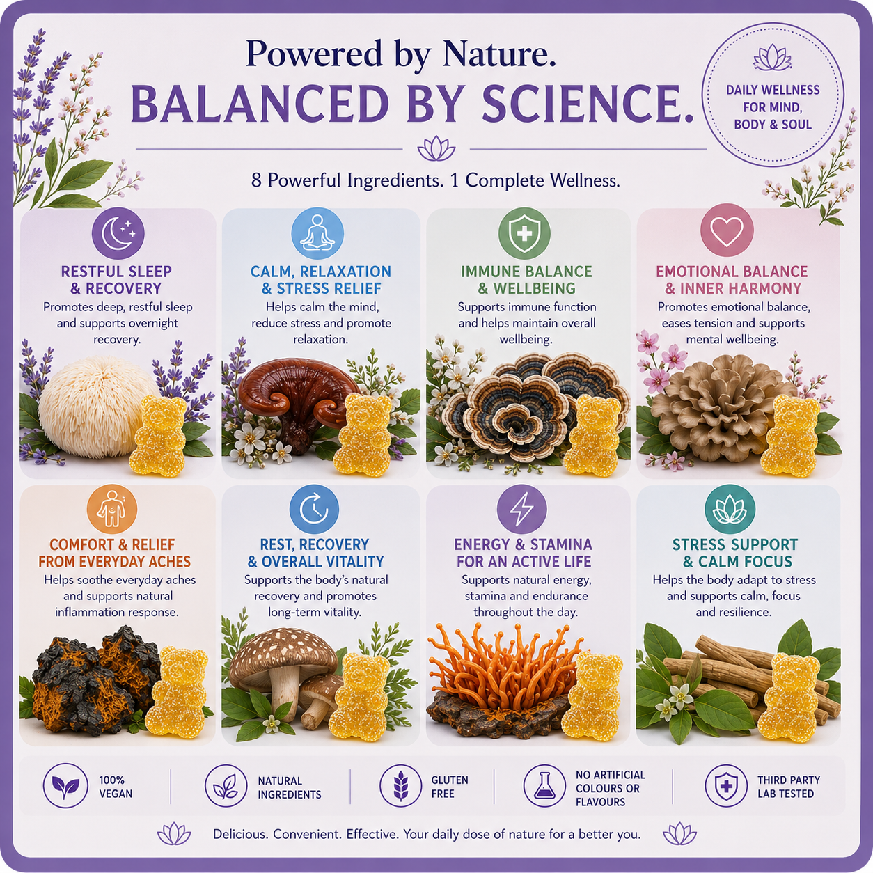
                  
                    Mushroom Gummies for Rest, Calm & Pain Relief | Essentia Natura | 80 Gummies | Vegan
                  
                
