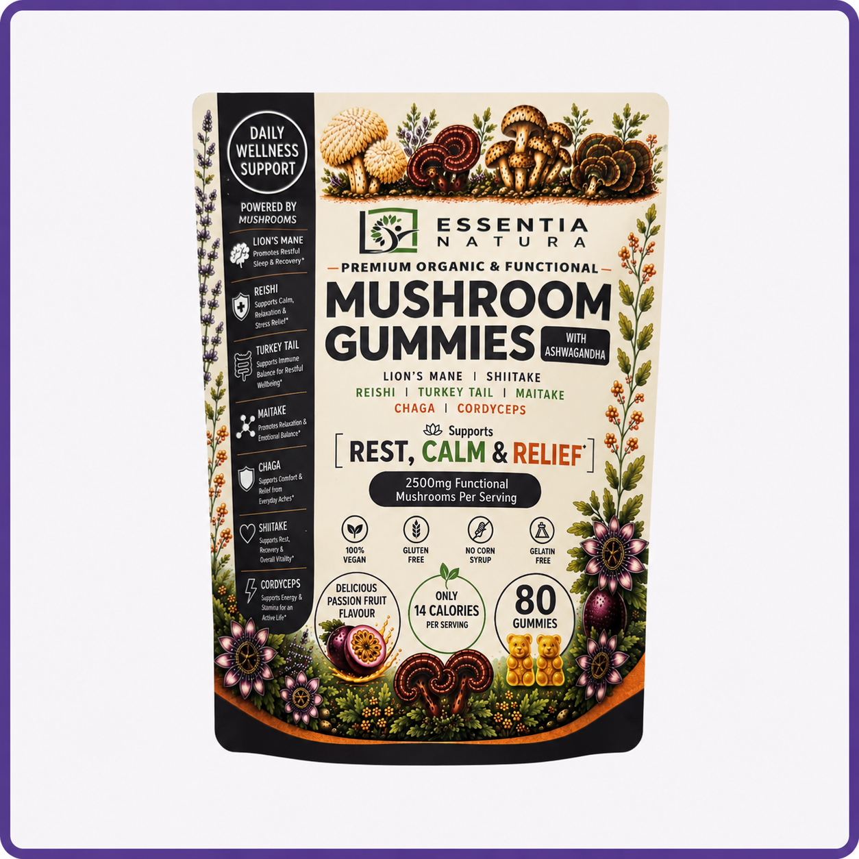 
                  
                    Mushroom Gummies for Rest, Calm & Pain Relief | Essentia Natura | 80 Gummies | Vegan
                  
                