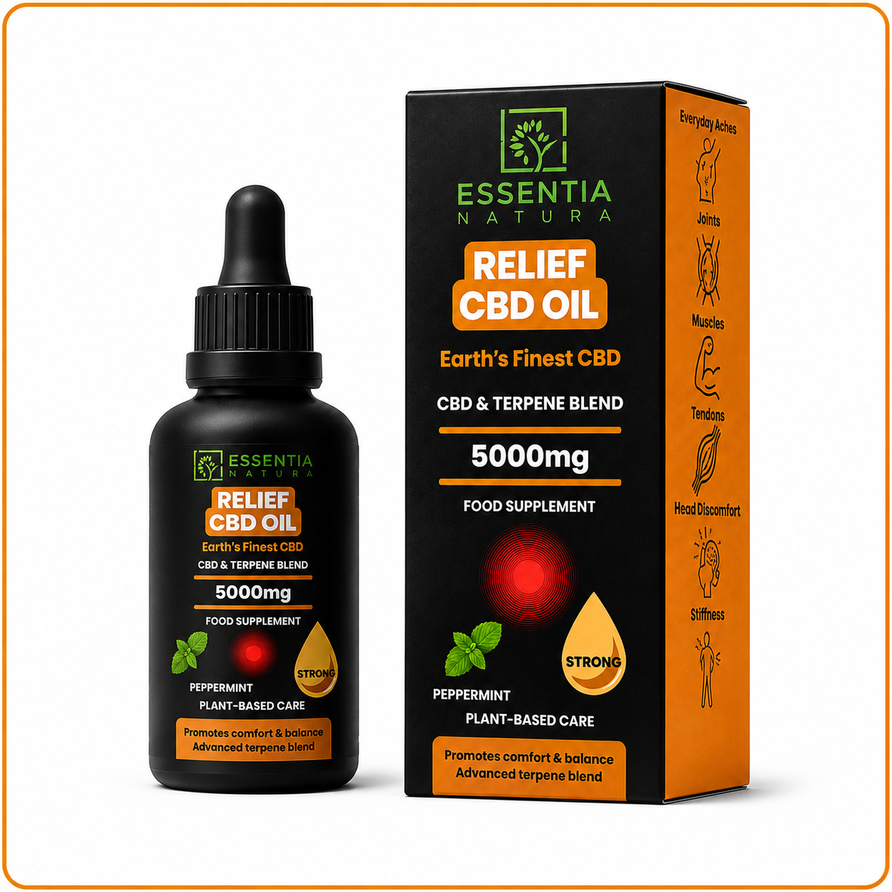 
                  
                    Essentia Natura RELIEF CBD Oil 5000mg black dropper bottle and packaging box on a white background – Strong Peppermint Plant-Based Care CBD & Terpene Blend food supplement
                  
                