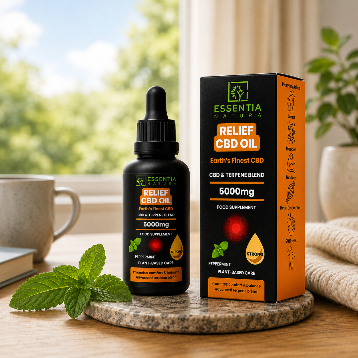 
                  
                    Essentia Natura RELIEF CBD Oil 5000mg black dropper bottle next to its packaging box on a stone surface with fresh peppermint leaves, a mug and a bright window in the background
                  
                
