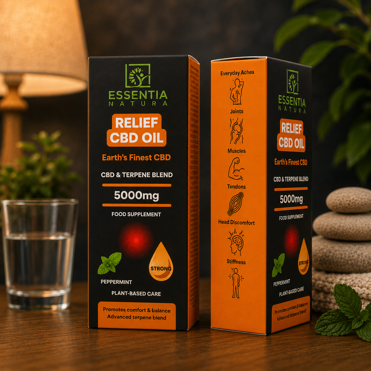 
                  
                    What Makes RELIEF Different infographic – Essentia Natura RELIEF CBD Oil 5000mg packaging box listing key features: 5000mg CBD & Terpene Blend, Plant-Derived Terpenes, MCT Oil Base, Peppermint Flavour, 0.0% THC, 100% Vegan, GMO-Free & Lab-Tested
                  
                