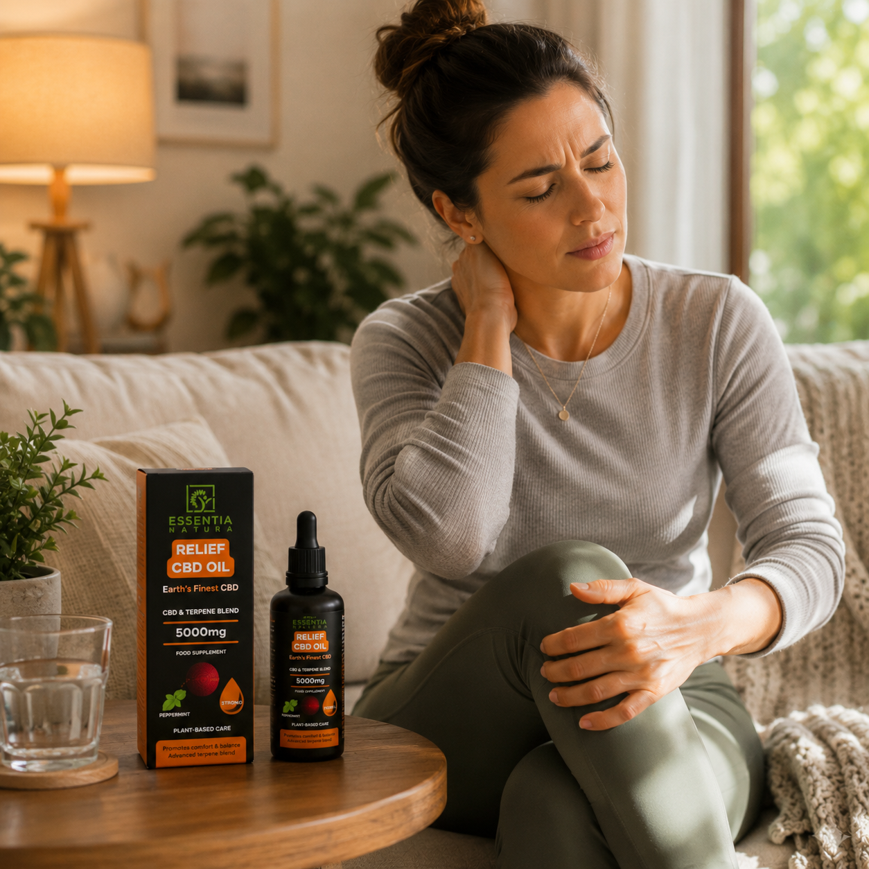 
                  
                    Essentia Natura RELIEF CBD Oil 5000mg bottle and box styled in a calm wellness setting with peppermint leaves and warm natural tones
                  
                