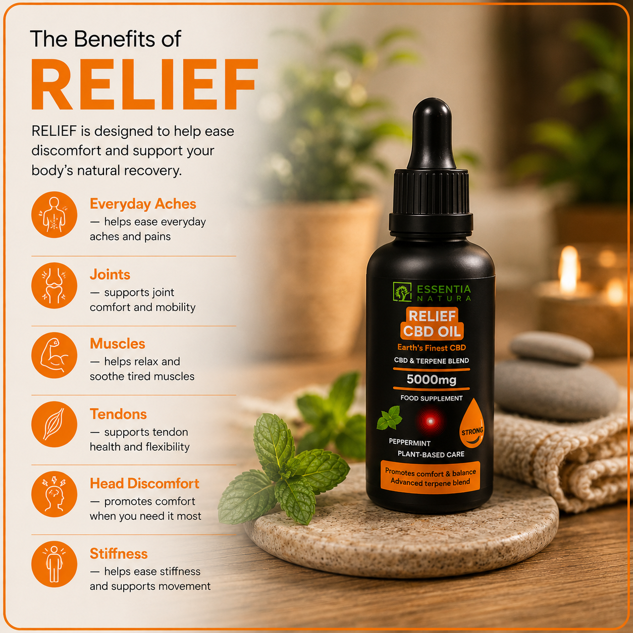 
                  
                    The Benefits of RELIEF infographic – Essentia Natura RELIEF CBD Oil 5000mg dropper bottle with six benefit icons: Everyday Aches, Joints, Muscles, Tendons, Head Discomfort, Stiffness
                  
                