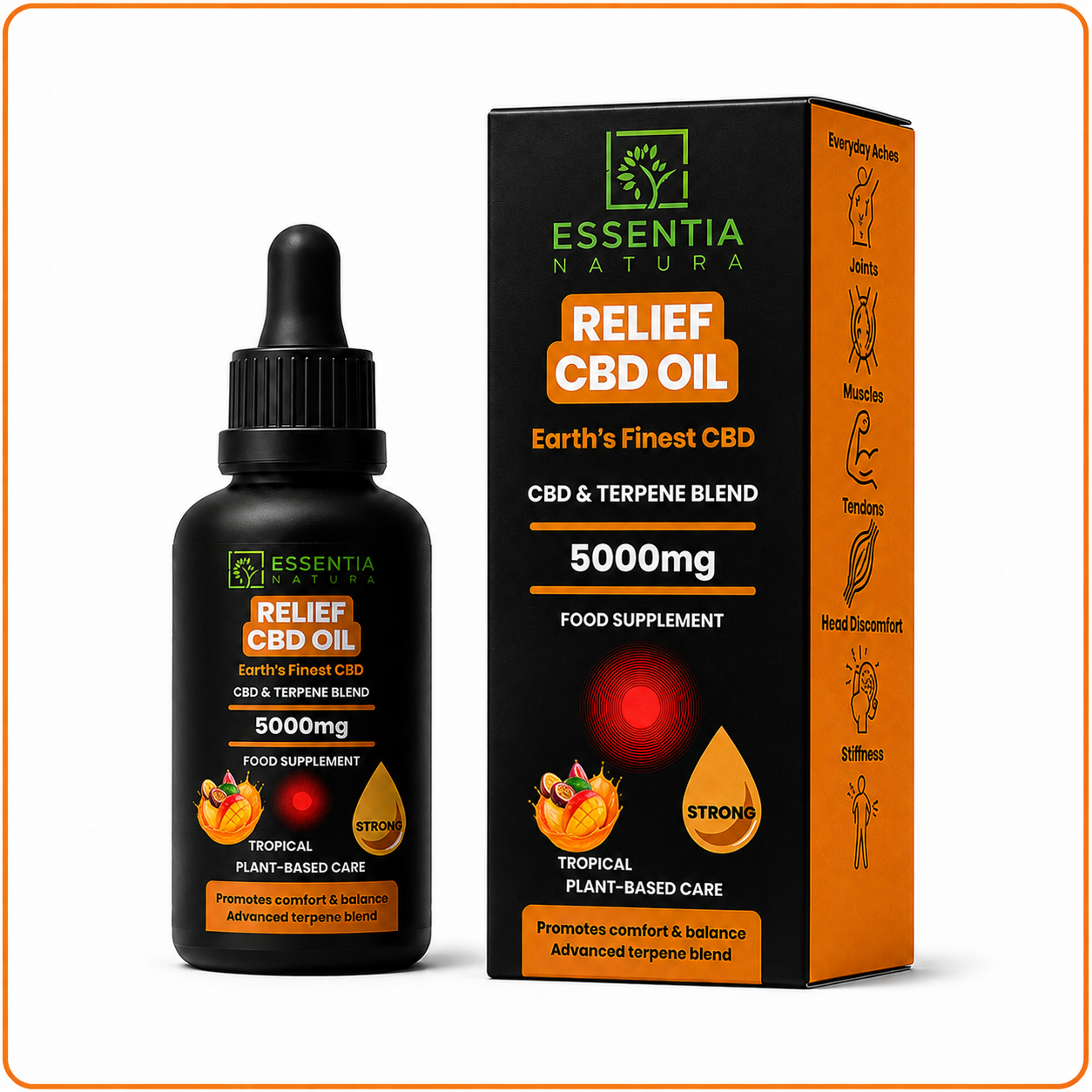 
                  
                    Essentia Natura RELIEF CBD Oil 5000mg Tropical black dropper bottle and orange packaging box on a white background showing benefit icons: Everyday Aches, Joints, Muscles, Tendons, Head Discomfort, Stiffness
                  
                
