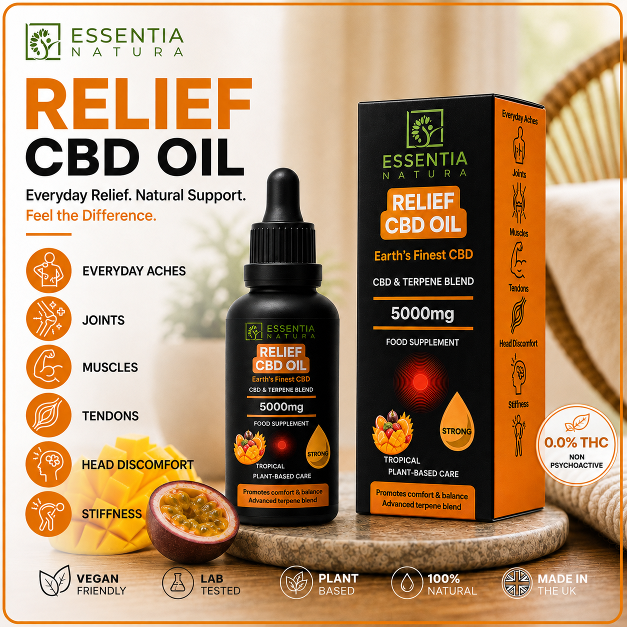 
                  
                    Essentia Natura RELIEF CBD Oil 5000mg black dropper bottle and orange packaging box on a white background – Tropical Plant-Based Care CBD & Terpene Blend food supplement
                  
                