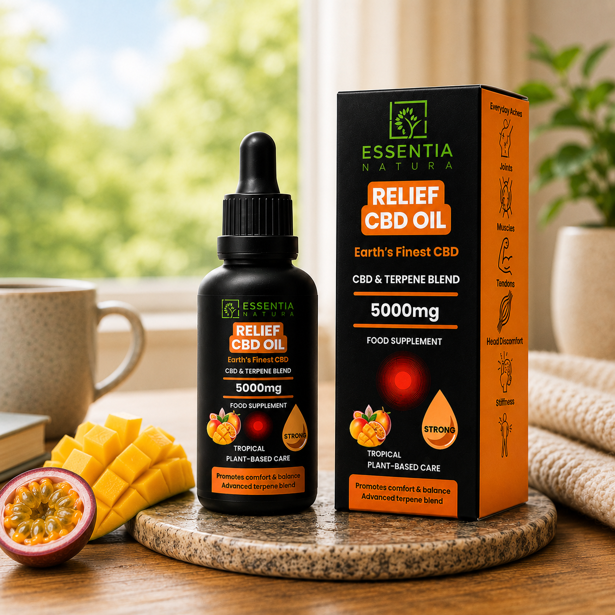 
                  
                    Essentia Natura RELIEF CBD Oil 5000mg Tropical black dropper bottle next to its packaging box on a stone coaster with mango, passion fruit and a mug by a sunny window
                  
                