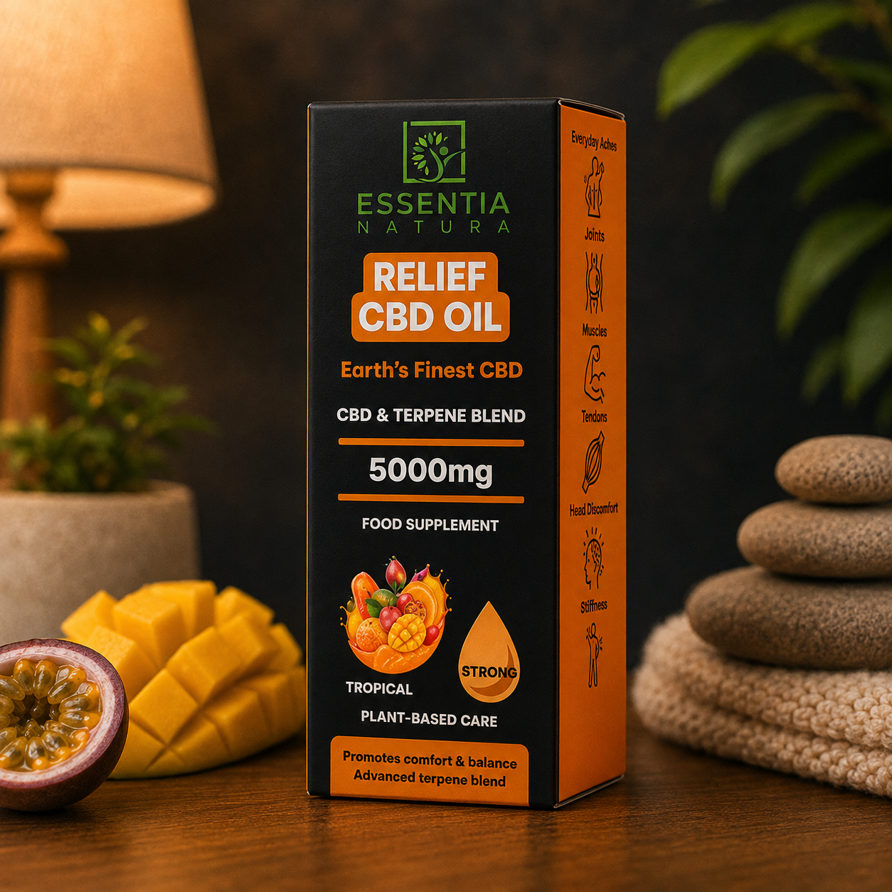 
                  
                    Essentia Natura RELIEF CBD Oil 5000mg Tropical packaging box on a wooden surface with mango, passion fruit and stacked stones in a warm ambient light setting
                  
                