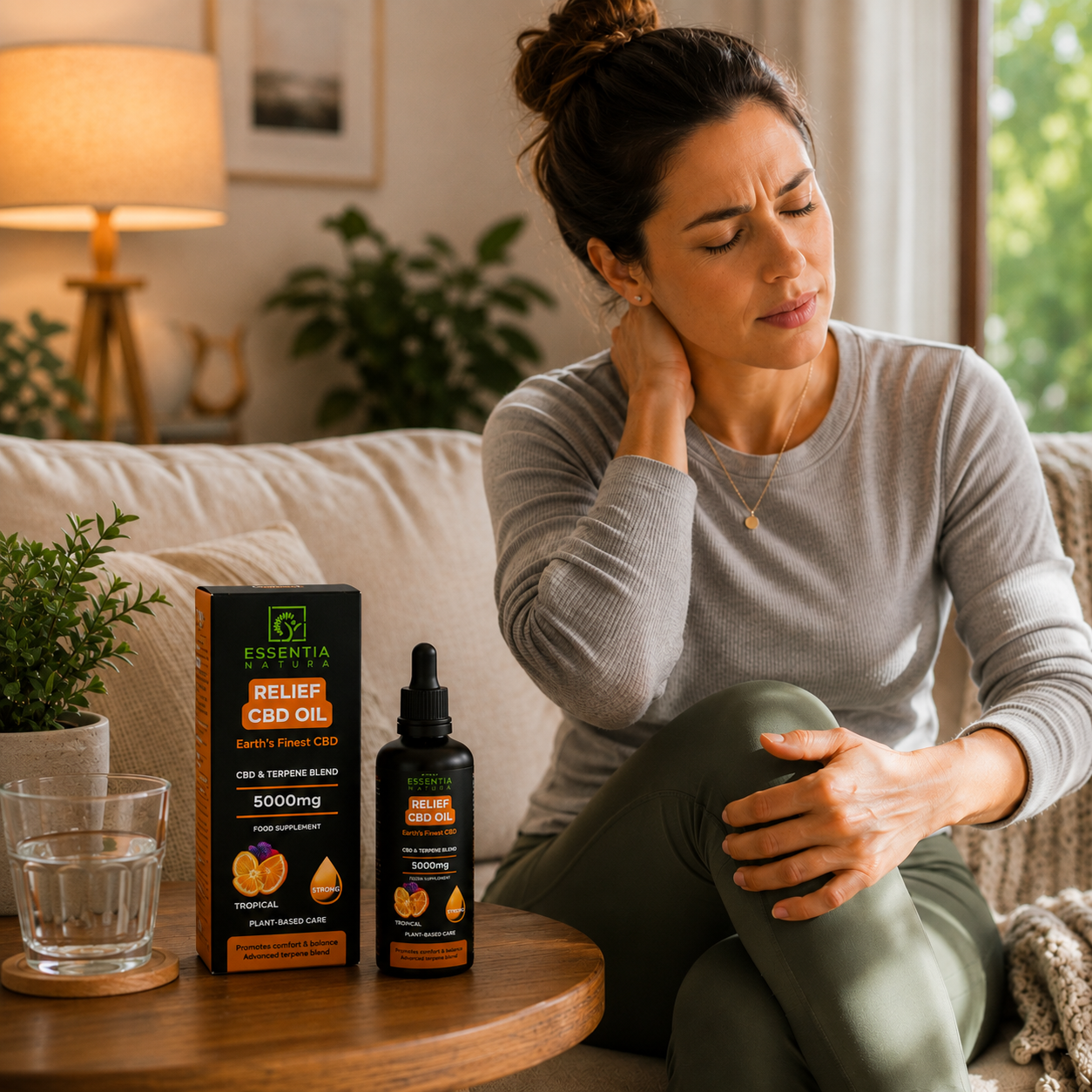 
                  
                    Essentia Natura RELIEF CBD Oil 5000mg Tropical bottle and packaging box styled in a warm wellness setting with mango and passion fruit
                  
                