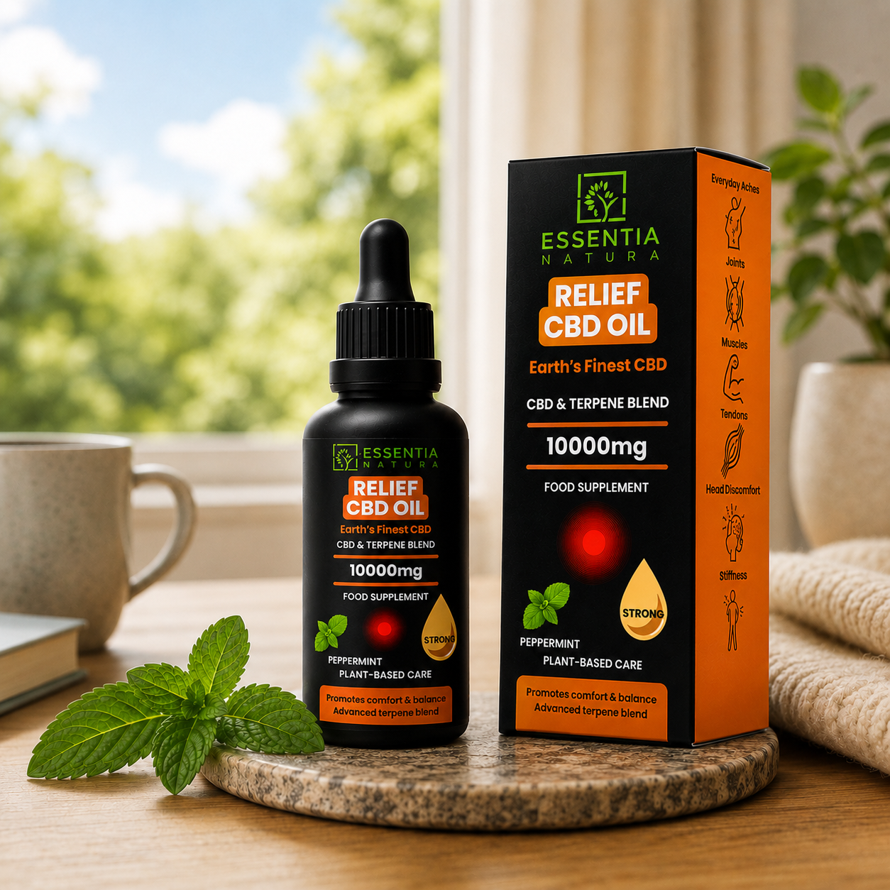
                  
                    Essentia Natura RELIEF CBD Oil 10000mg dropper bottle and product box, peppermint CBD and terpene blend food supplement, white background
                  
                