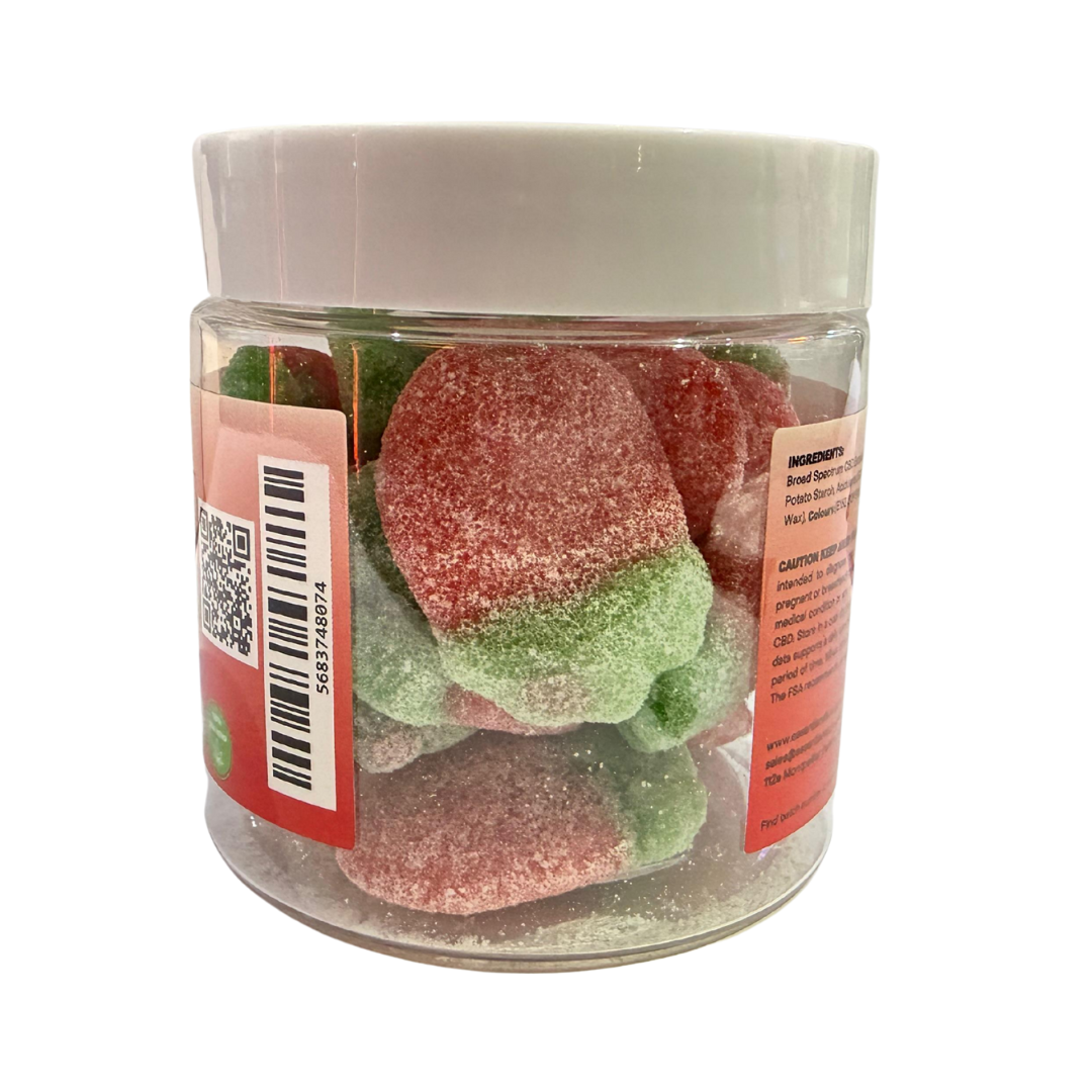 
                  
                    Jar of red and green gummy candies with a white lid on a white background
                  
                