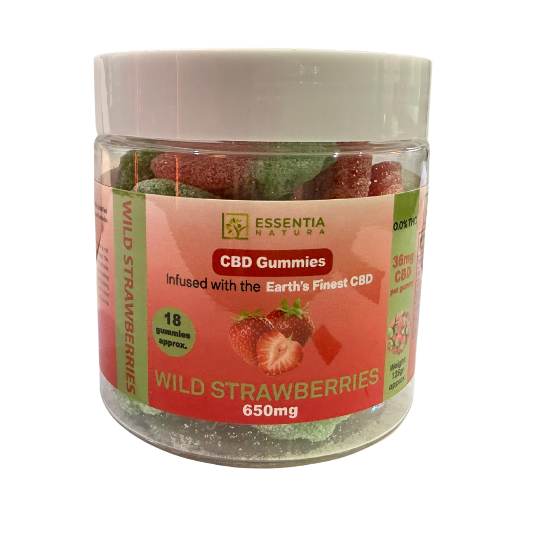 
                  
                    Jar of Essentia Natura CBD Gummies with wild strawberries on a white background
                  
                