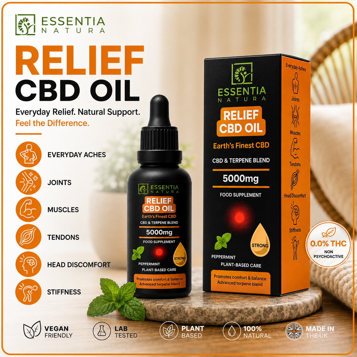 Essentia Natura RELIEF CBD Oil 5000mg black dropper bottle and packaging box on a white background – Peppermint CBD & Terpene Blend food supplement