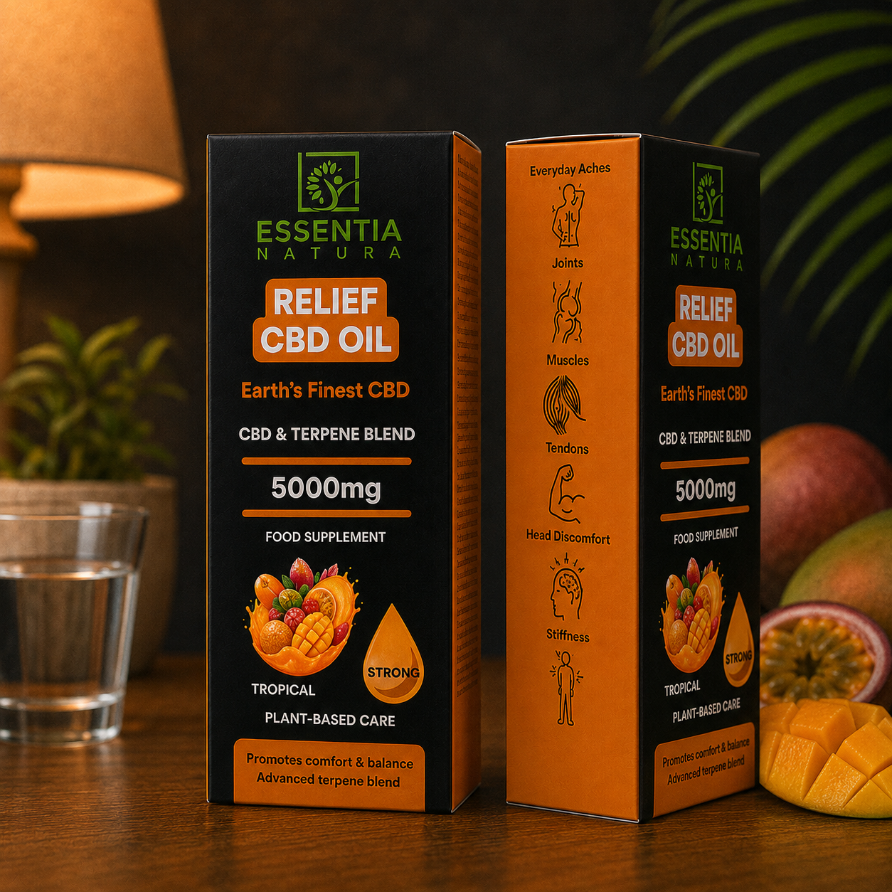 
                  
                    Two Essentia Natura RELIEF CBD Oil 5000mg Tropical packaging boxes showing front and side panels with benefit icons – Everyday Aches, Joints, Muscles, Tendons, Head Discomfort, Stiffness – styled with mango and passion fruit on a wooden surface
                  
                