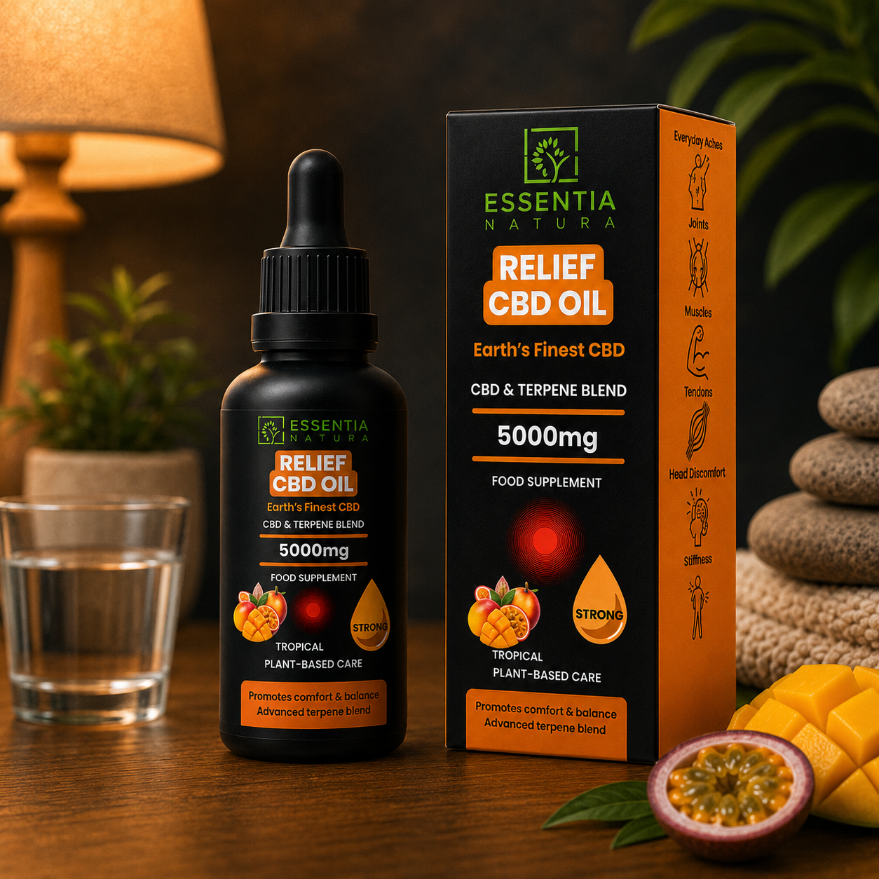 
                  
                    Essentia Natura RELIEF CBD Oil 5000mg Tropical black dropper bottle and packaging box on a wooden surface with a glass of water, mango and passion fruit in warm lamp light
                  
                