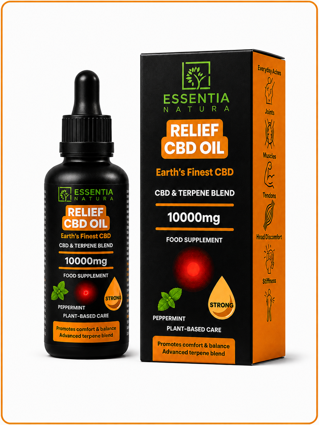 
                  
                    Essentia Natura RELIEF CBD Oil 10000mg dropper bottle and packaging with fresh peppermint leaves on a marble tray, bright natural home setting
                  
                