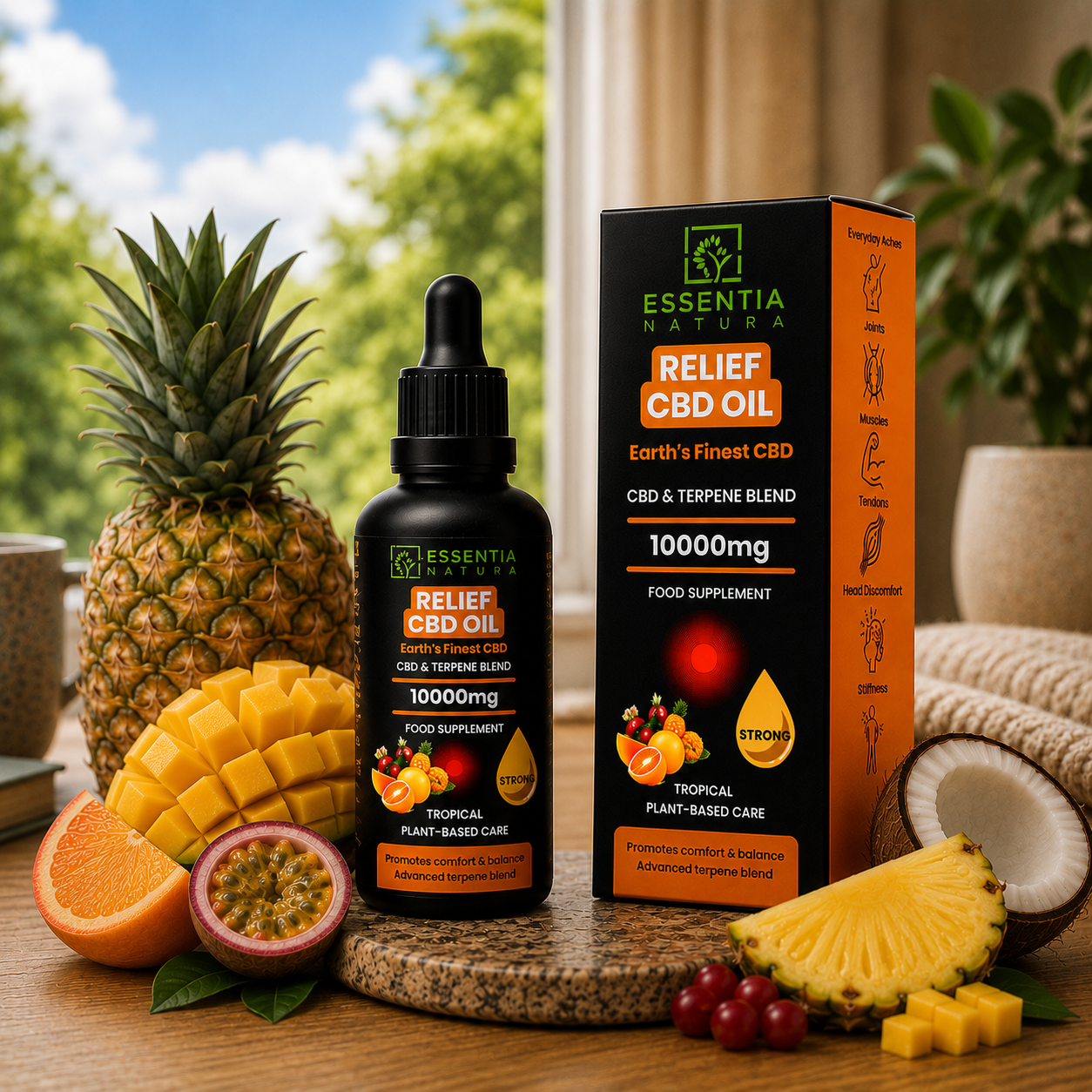 
                  
                    Essentia Natura RELIEF CBD Oil 10000mg Tropical dropper bottle and packaging surrounded by mango, pineapple, passion fruit, orange and coconut on a wooden surface in a bright natural setting
                  
                
