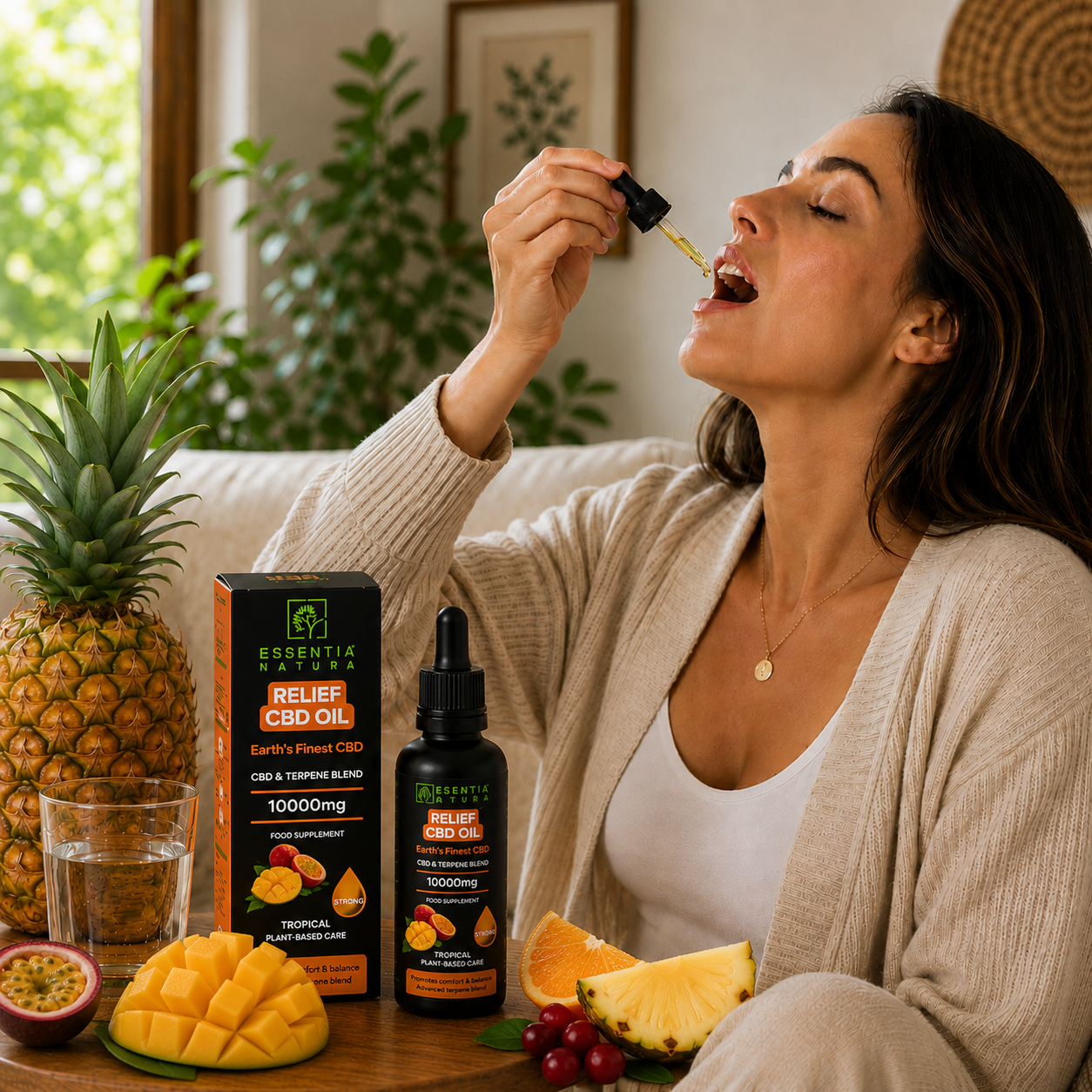 
                  
                    Woman taking Essentia Natura RELIEF CBD Oil 10000mg Tropical drops under the tongue, product bottle and box surrounded by mango, pineapple and passion fruit in a bright natural home setting
                  
                