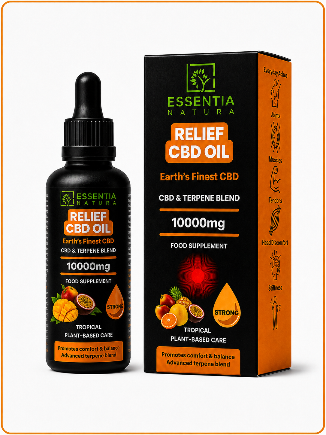 
                  
                    Essentia Natura RELIEF CBD Oil 10000mg Tropical dropper bottle and product box on a dark stone surface with tropical fruits, candles and spa stones in a warm ambient background
                  
                