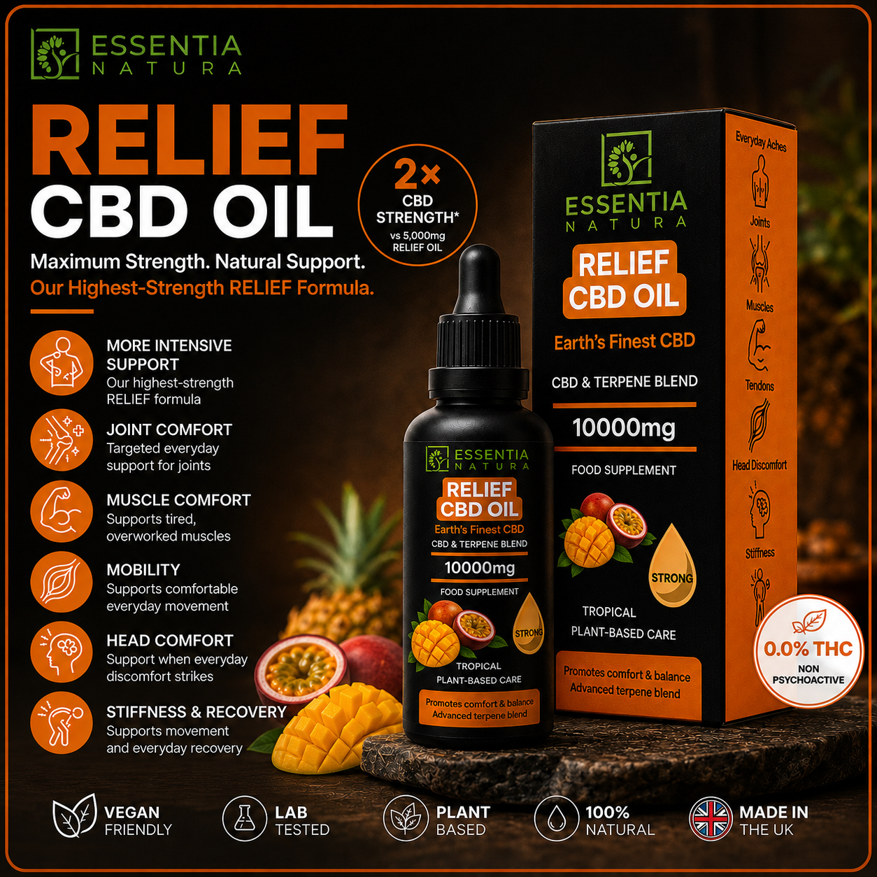 
                  
                    	Essentia Natura RELIEF CBD Oil 10000mg Tropical dropper bottle and packaging infographic showing 2x CBD strength, six target areas, and key benefits — vegan, lab tested, made in the UK
                  
                