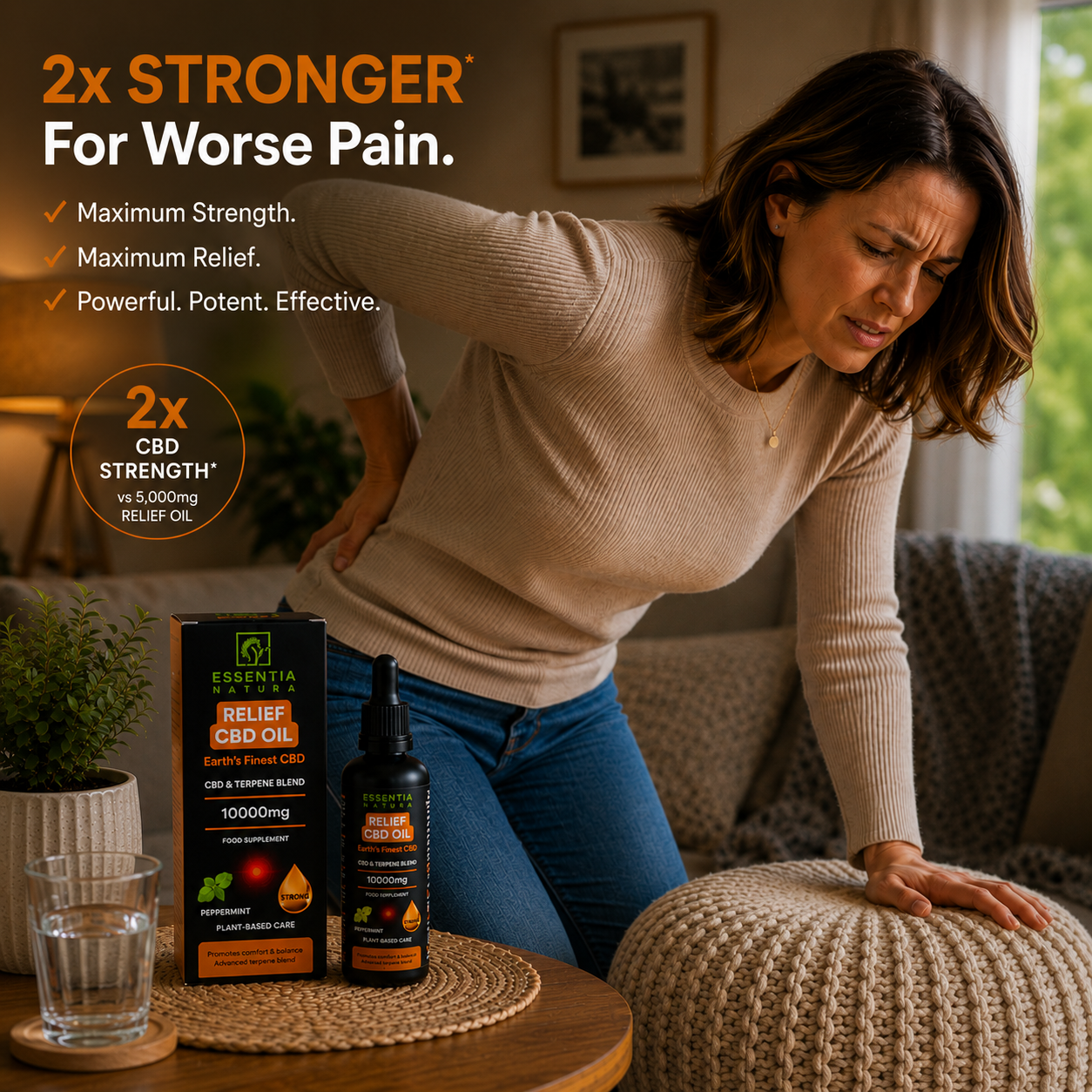 
                  
                    A woman in a beige sweater and blue jeans leans forward in a living room, holding her lower back in discomfort. On a small wooden table beside her are a black CBD oil bottle and a matching product box labeled 'RELIEF CBD OIL 1000mg'.
                  
                