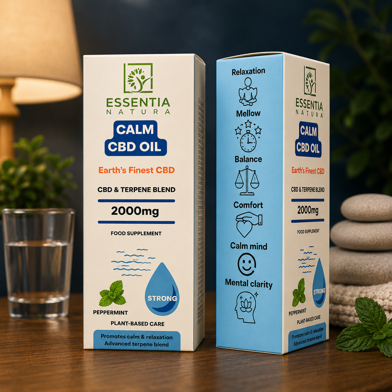 
                  
                    "Two Essentia Natura CALM CBD Oil 2000mg packaging boxes side by side showing front label and benefit icons – Relaxation, Mellow, Balance, Comfort, Calm Mind & Mental Clarity"
                  
                