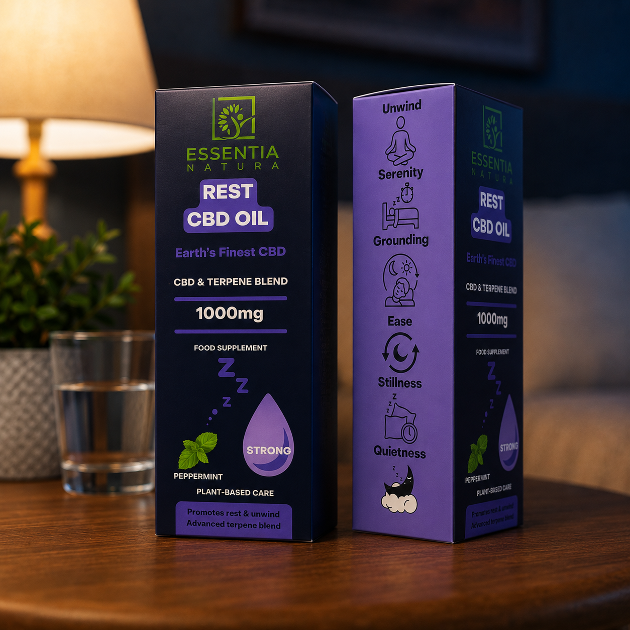 
                  
                     Bottle and box styled with peppermint and lavender against a moonlit sky
                  
                