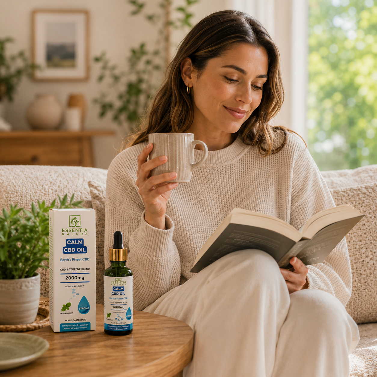 
                  
                    "The Benefits of CALM infographic – Essentia Natura CALM CBD Oil 2000mg dropper bottle with five pillars: Relaxation, Mellow, Balance, Comfort, Calm Mind & Mental Clarity"
                  
                