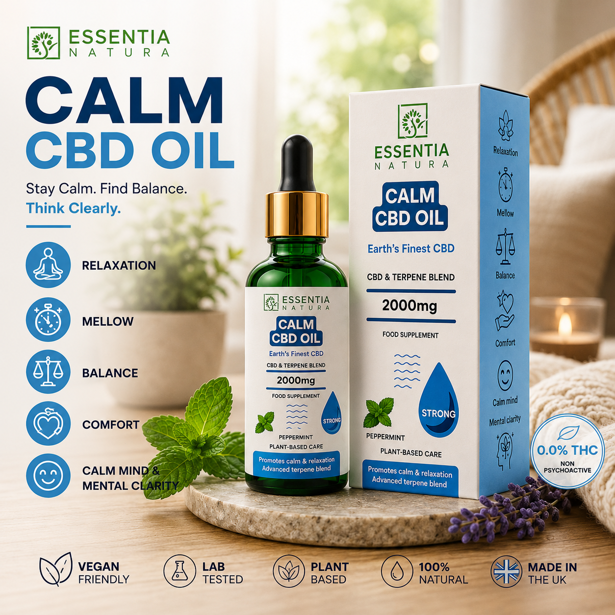 
                  
                    "Essentia Natura CALM CBD Oil 2000mg styled in a calm and relaxing setting with peppermint leaves and soft natural light"
                  
                
