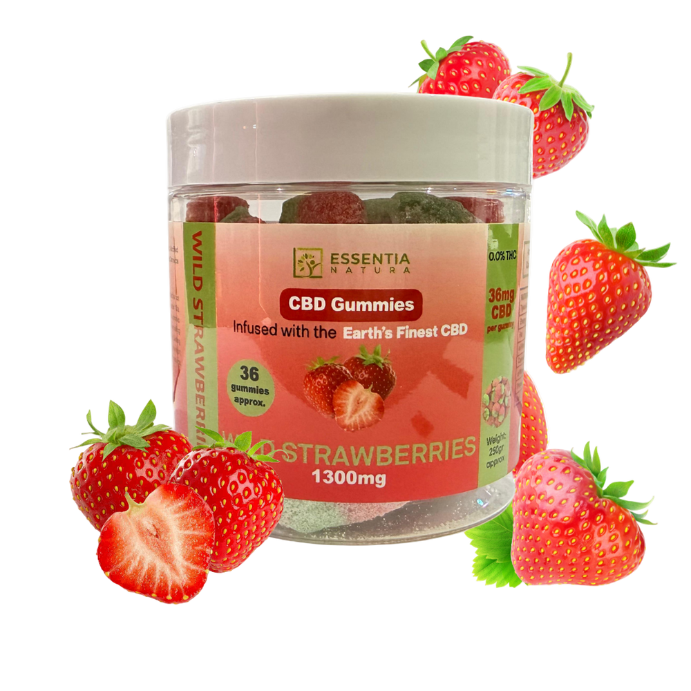 Jar of Essentia Natura CBD Gummies with wild strawberries on a white background