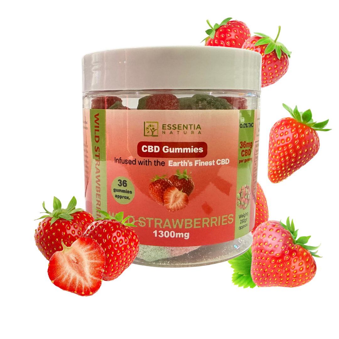 Jar of Essentia Natura CBD Gummies with wild strawberries on a white background