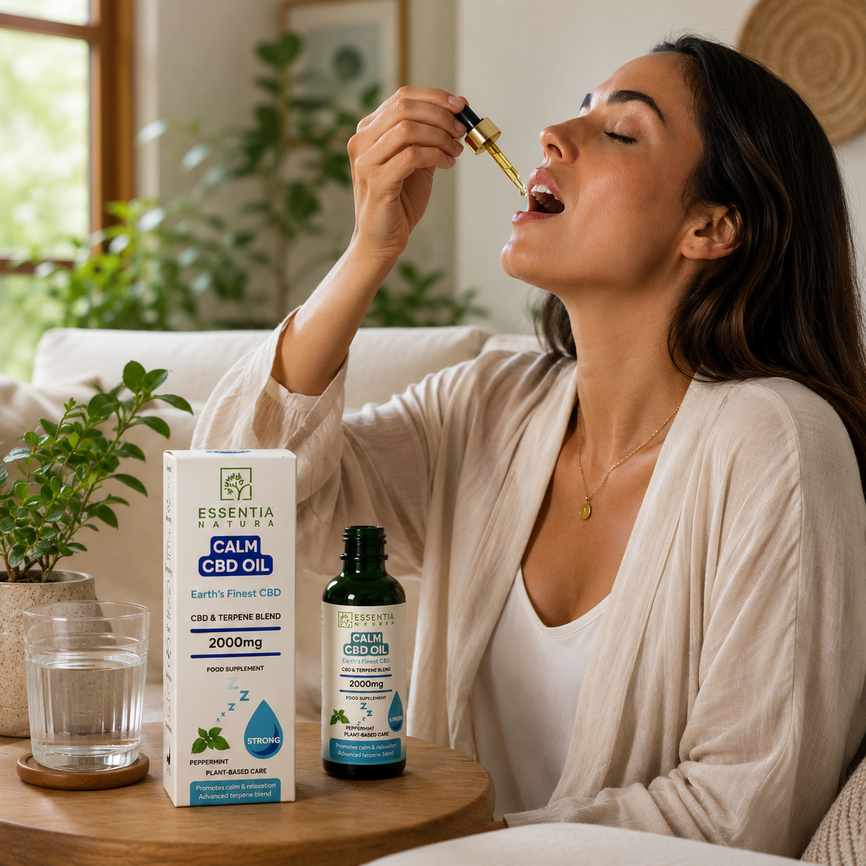 
                  
                     "Woman taking Essentia Natura CALM CBD Oil 2000mg drops under her tongue in a bright living room, with the bottle and packaging box on a side table"
                  
                