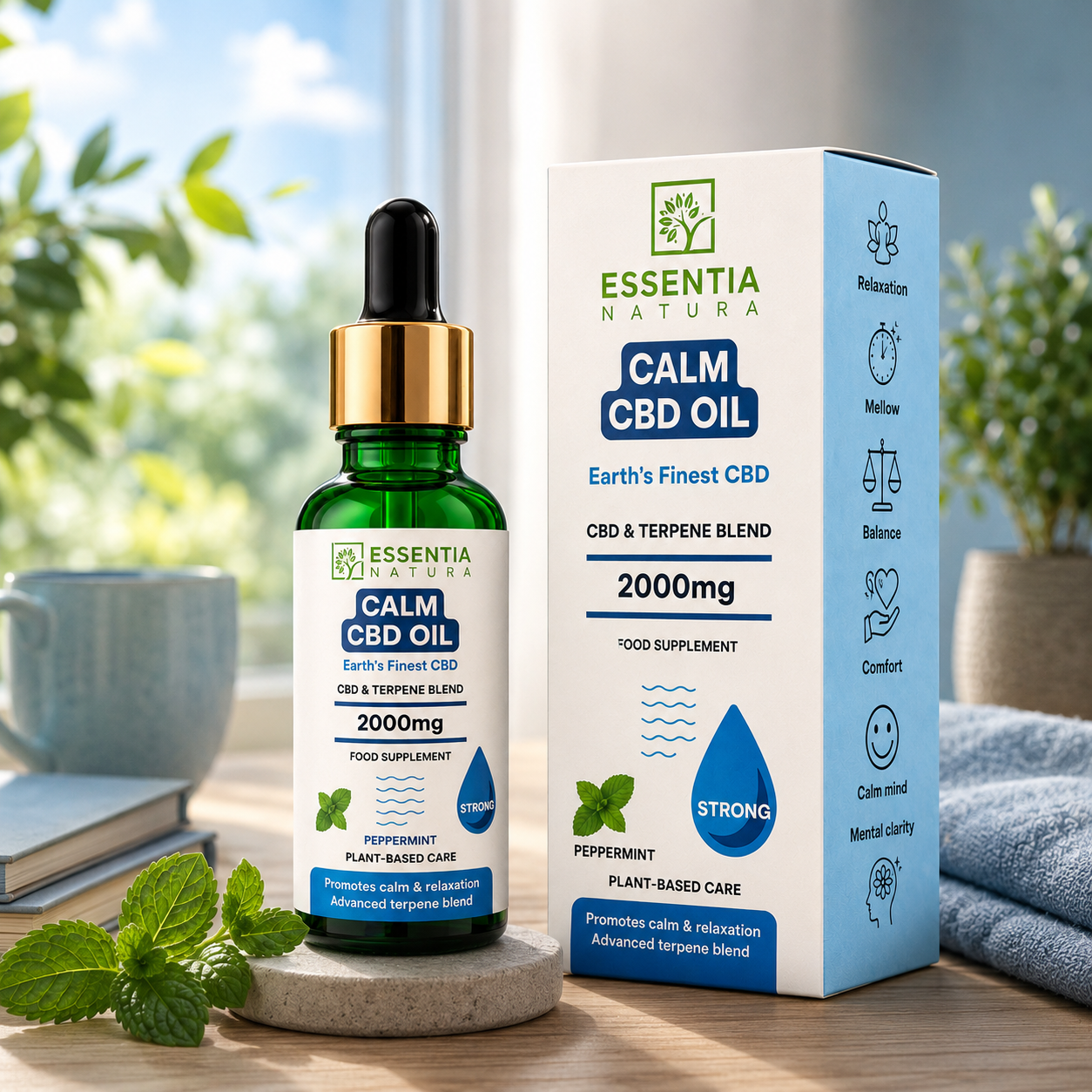 
                  
                    "Essentia Natura CALM CBD Oil 2000mg green dropper bottle next to its packaging box on a wooden surface with fresh peppermint leaves and a bright natural background"
                  
                