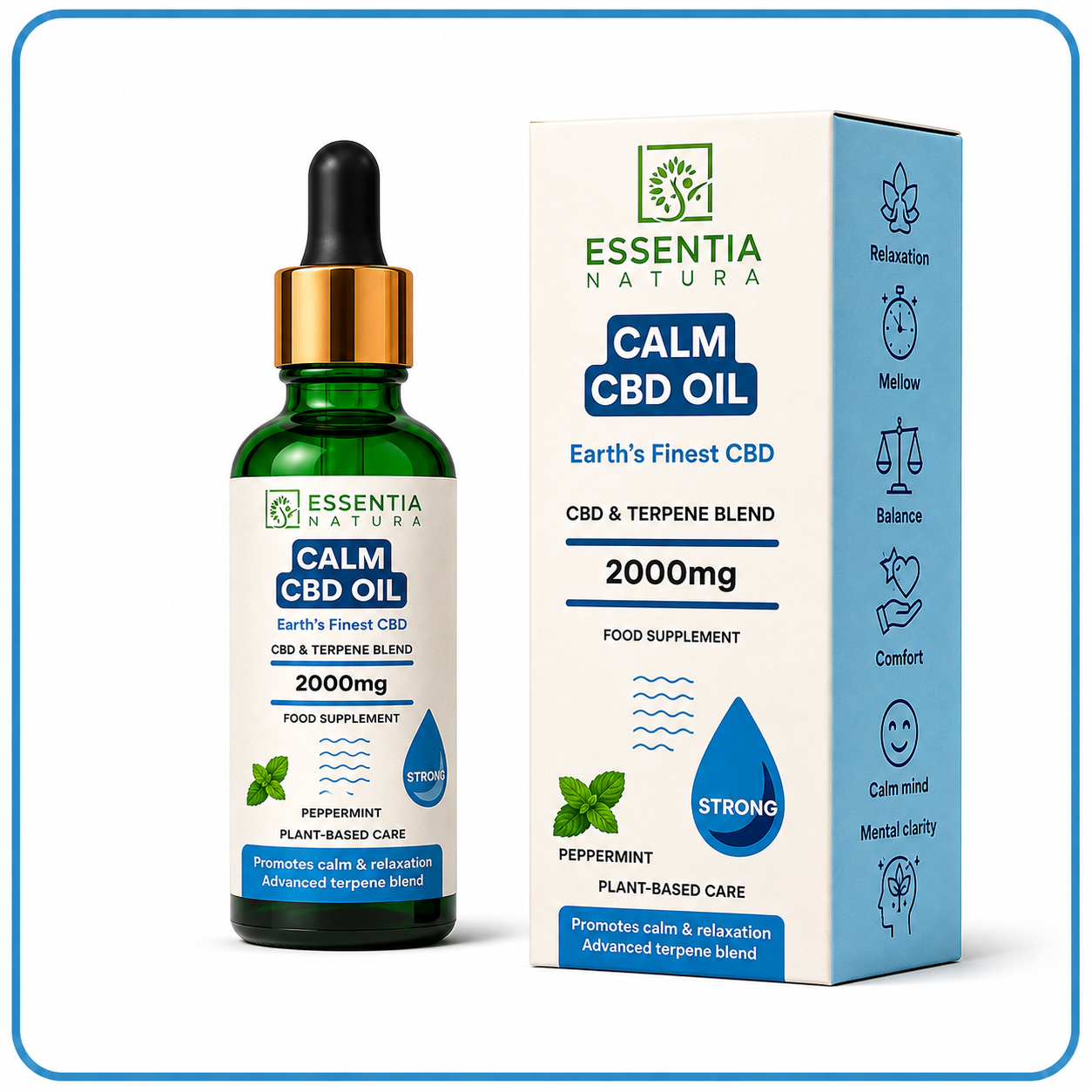 
                  
                    Essentia Natura CALM CBD Oil 2000mg dropper bottle and packaging box on a white background – Peppermint Plant-Based Care CBD & Terpene Blend food supplement"
                  
                