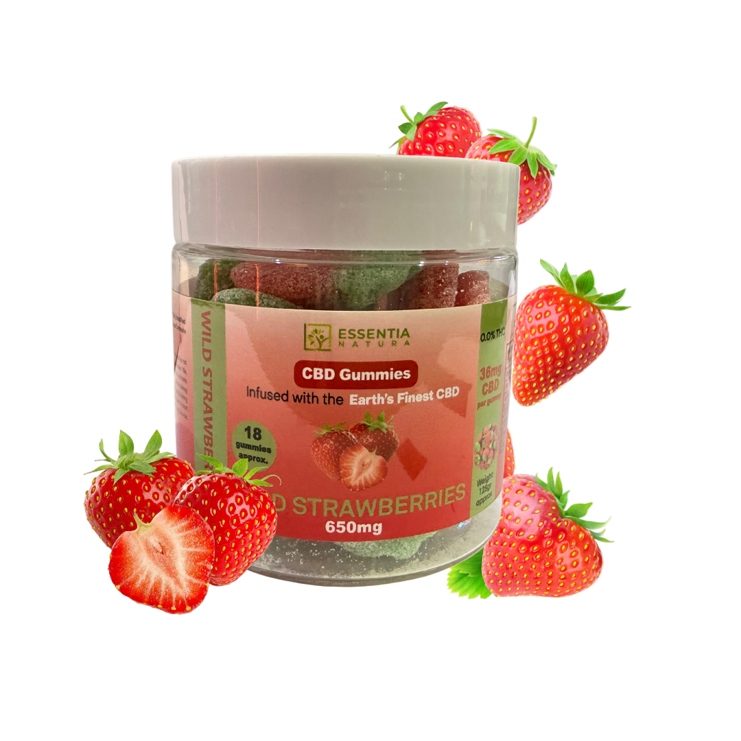 Jar of CBD gummies with strawberries on a white background