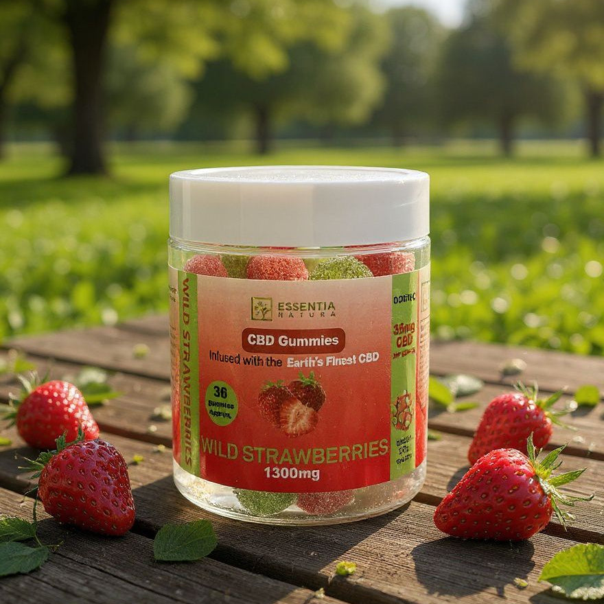 Jar of Essentia CBD Gummies with wild strawberries on a wooden surface outdoors.