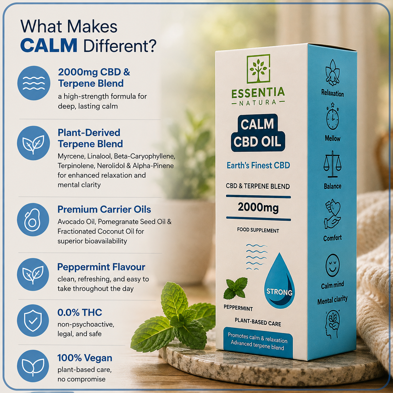 
                  
                     "What Makes CALM Different infographic – Essentia Natura CALM CBD Oil 2000mg packaging box showing key features: 2000mg CBD & Terpene Blend, Plant-Derived Terpenes, Premium Carrier Oils, Peppermint Flavour, 0.0% THC, 100% Vegan"
                  
                